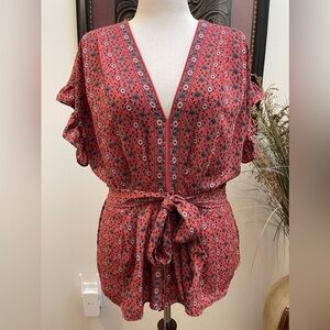 Max Studio Women's Dark Pink Top Floral Printed Ruffle Sleeve Tie-Waist Blouse